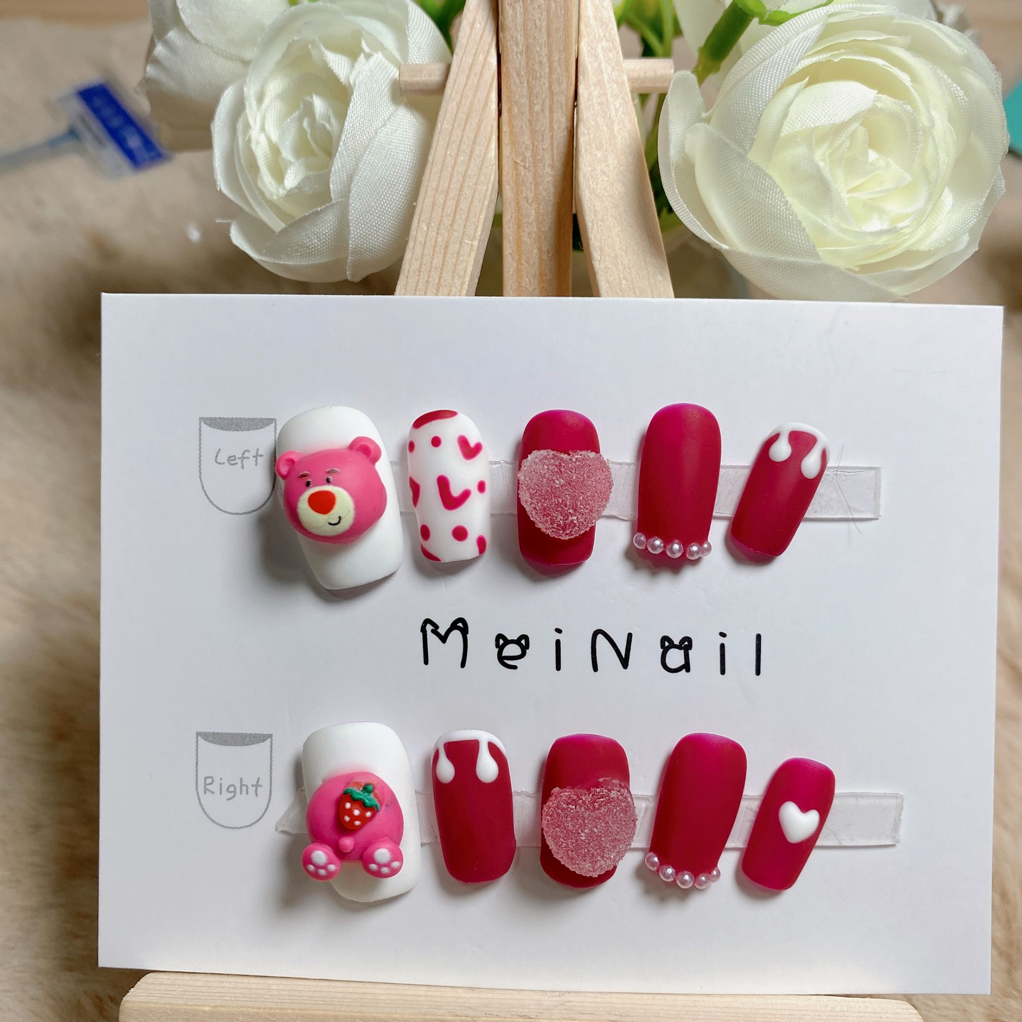 1【可爱草莓熊】中方纯手工定制穿戴甲可爱校园风气质甜美显白高级