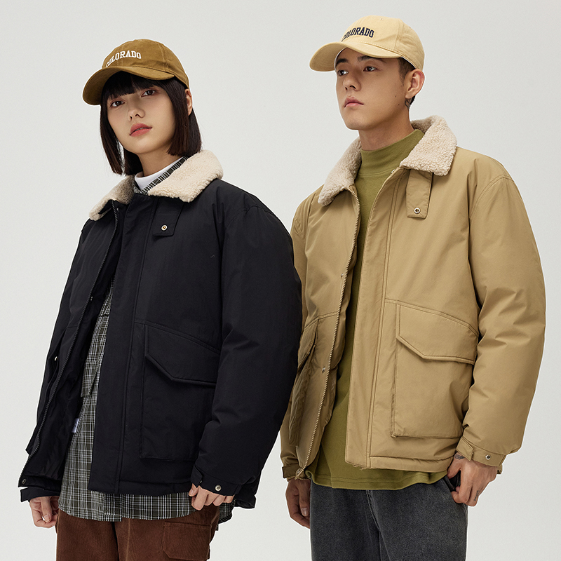 羽绒服男女短款情侣装90白鸭绒仿羊羔毛翻领情侣衬衫领商务外套