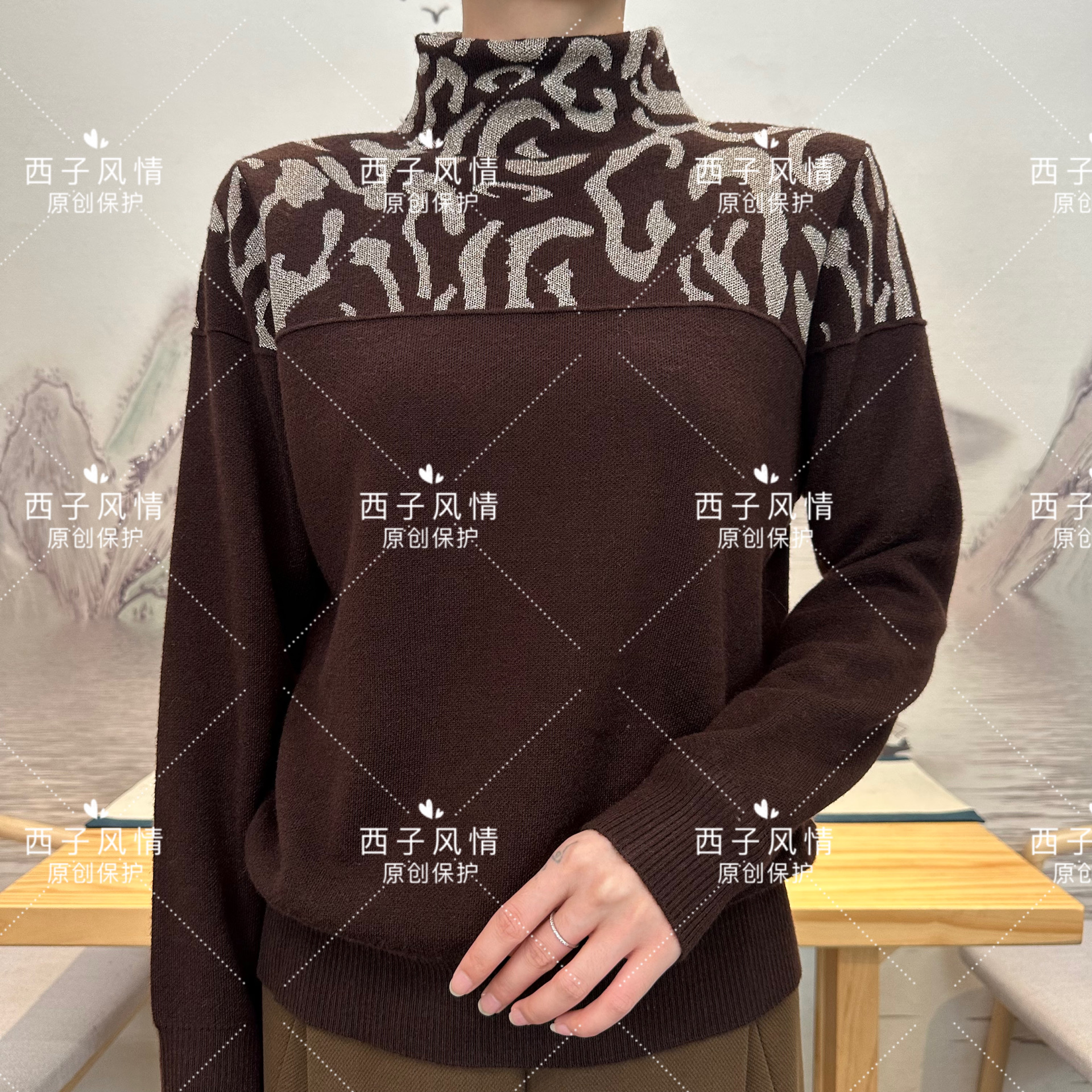 西子风情 咖色纸醉金迷秋冬款套头针织毛衣毛衫
