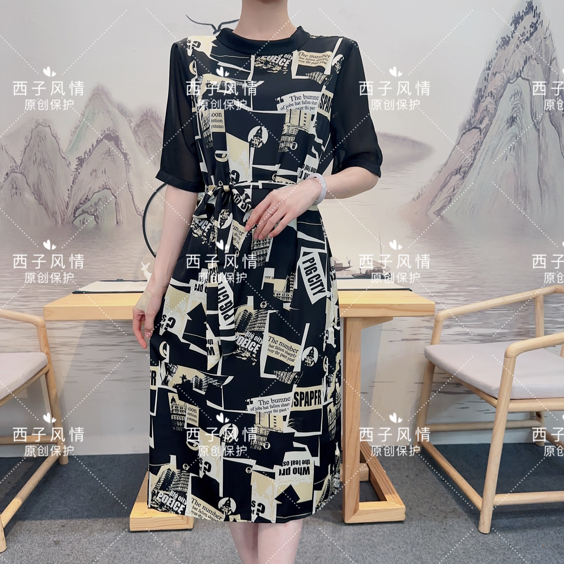 西子风情  时尚巴黎优雅翻领纱袖连衣裙