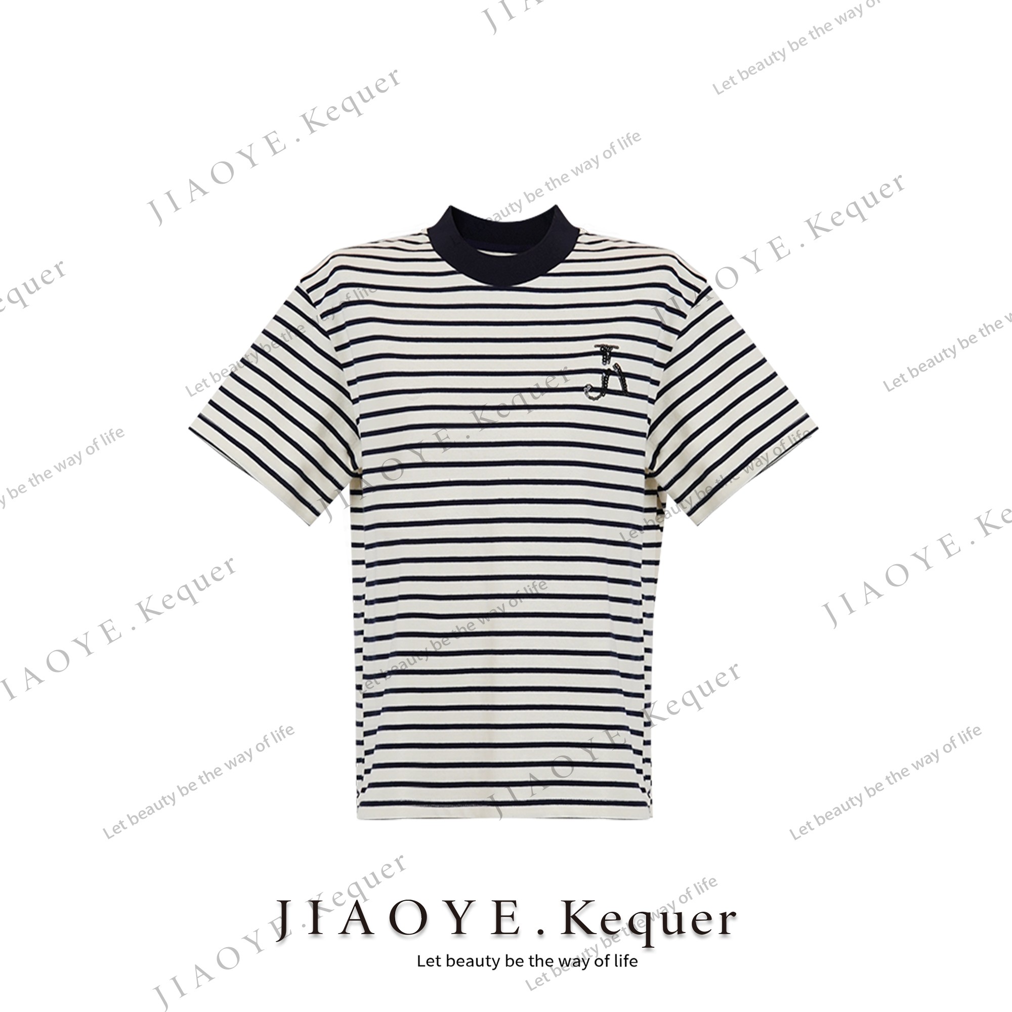 JiaoyeKequer 条纹气质短袖T恤女士潮牌圆领 K230218TX-LLL23216