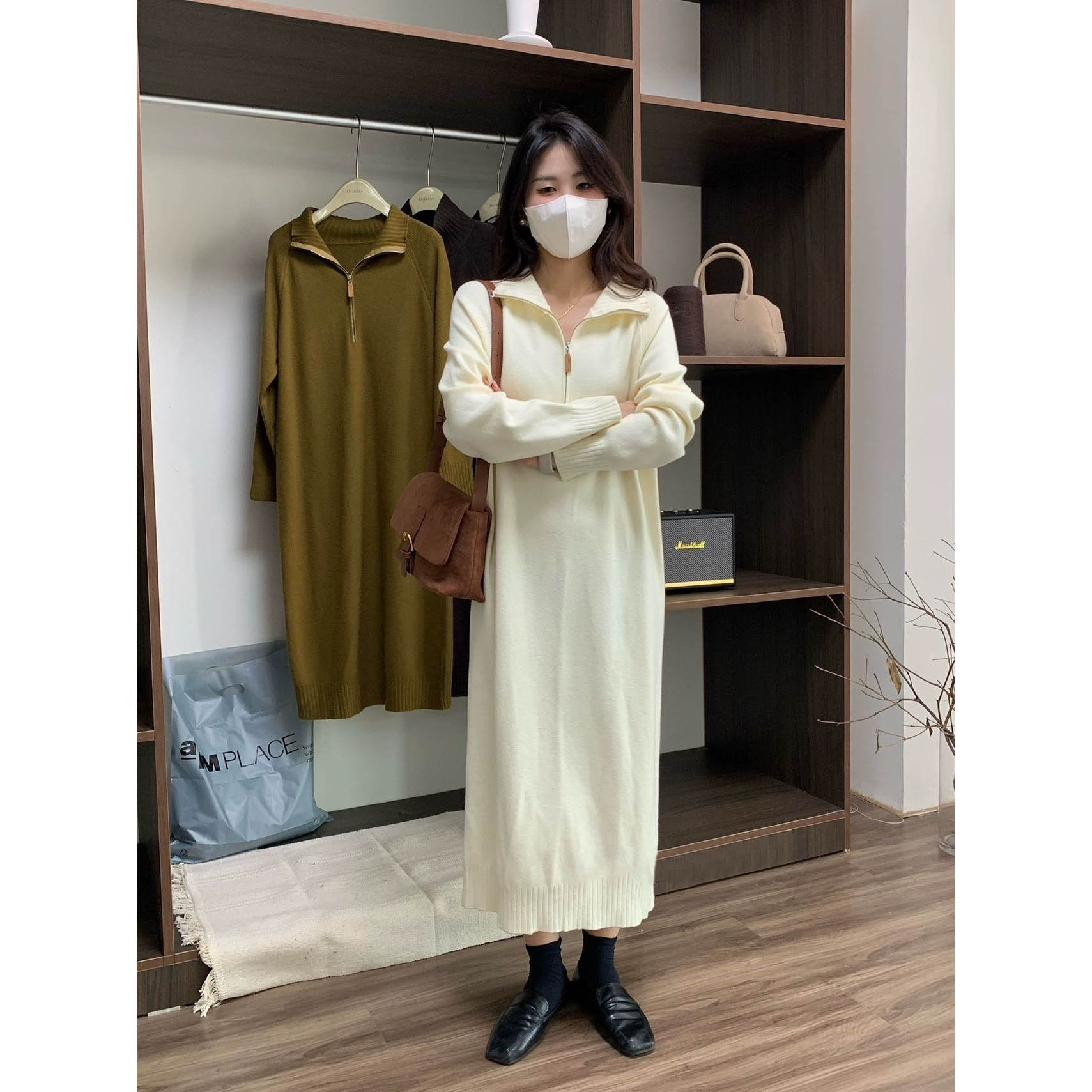 韩系宽松显瘦流行休闲小个子拉链中长款针织连衣裙A013#0.1