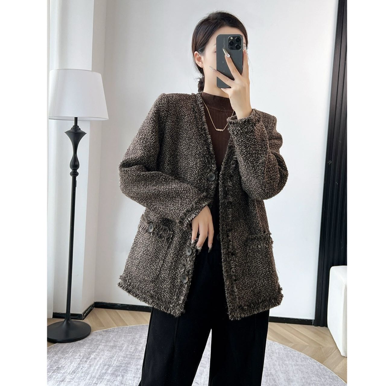 法式复古V领气质小香风外套女2023秋冬新款7857#0.1