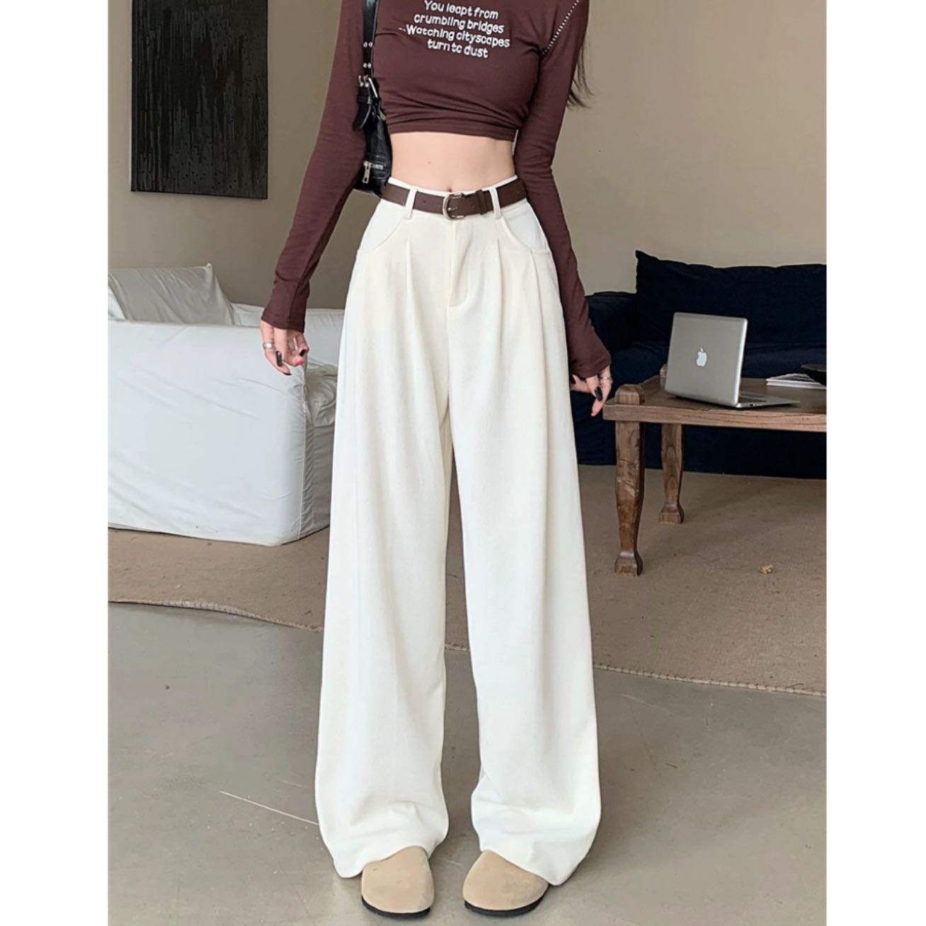 【BOSS姐】复古阔腿拖地裤新款高腰显瘦垂感坑条宽松长裤23012#0.1