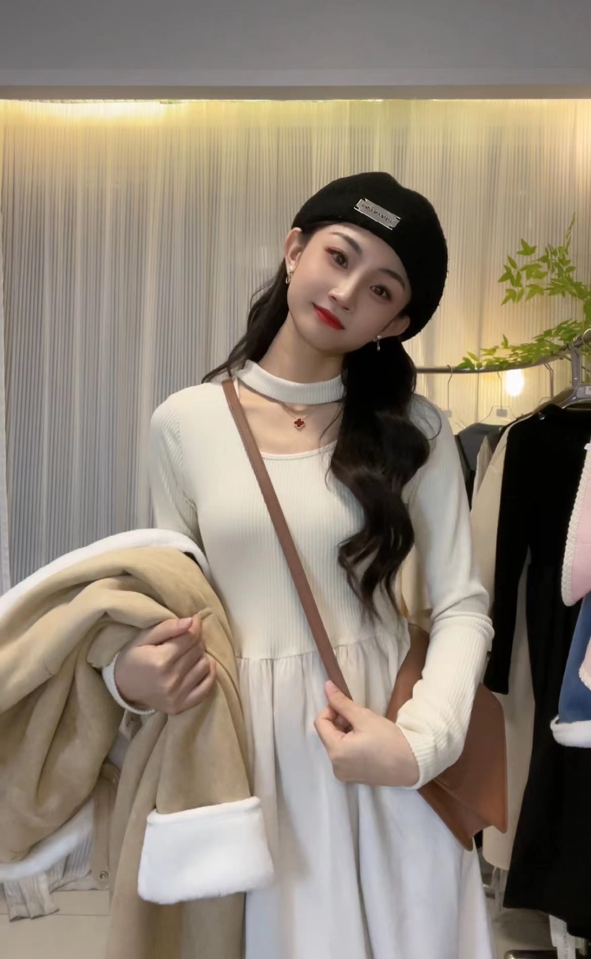 L秋冬纯色针织挂脖打底拼接丝绒连衣裙气质中长裙3831#0.1