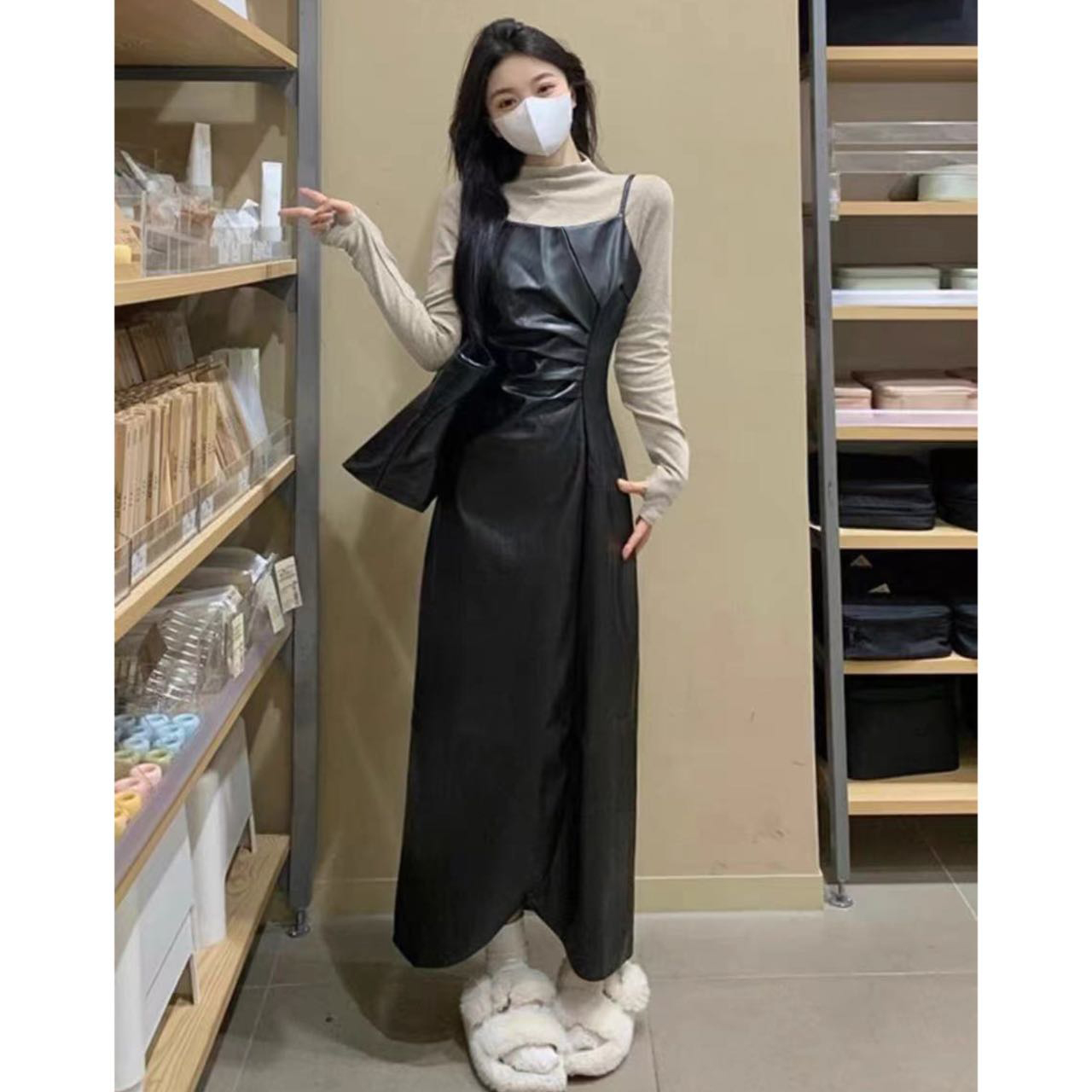 【蕾蕾】韩版PU吊带裙上衣两件套3769#0.1