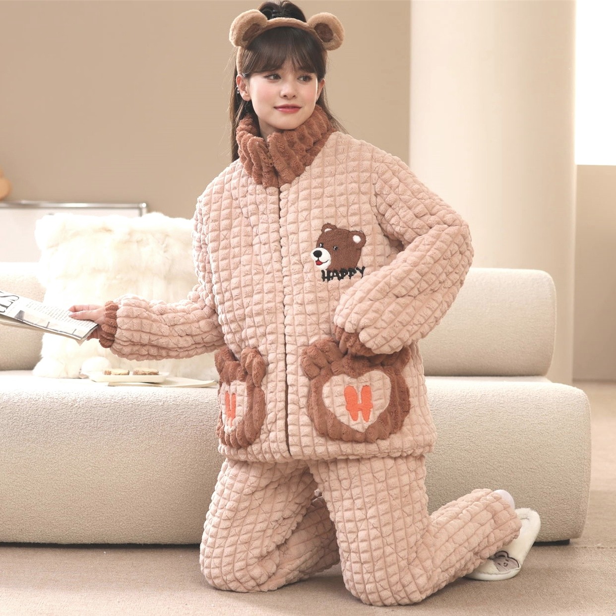 【奶杏人生】女士特厚三层夹棉冬天加厚加绒睡衣女冬保暖毛绒家居服