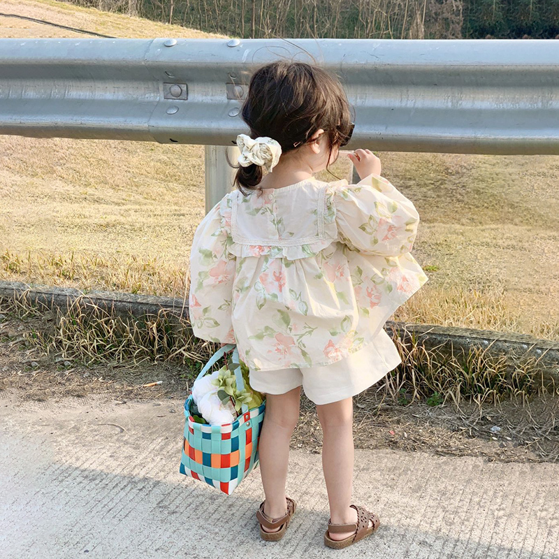 rt2594女童2023新款方形娃娃领长袖衬衫韩版流苏短裤女童两件套
