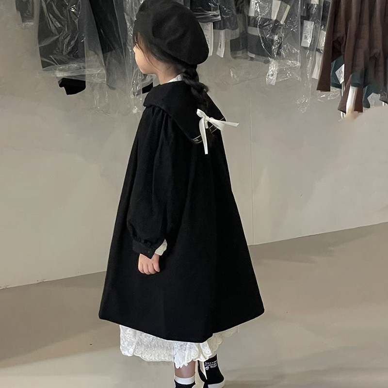 R23570秋季新款儿童大翻领复古风衣女童长款时尚外套韩版洋气大衣