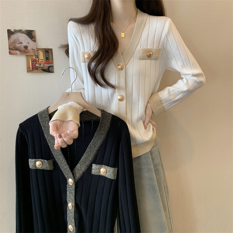 大码女装小香风法式V领修身显瘦上衣撞色开衫短款外套女HMJ3300
