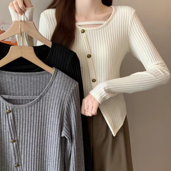 大码百搭v领打底衫新款女秋冬胖mm显瘦内搭针织长袖上衣-ONL8261