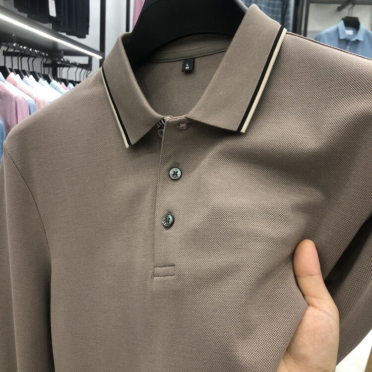 高档长袖t恤男翻领条纹大码polo衫秋季时尚休闲长绒棉体恤打底衫