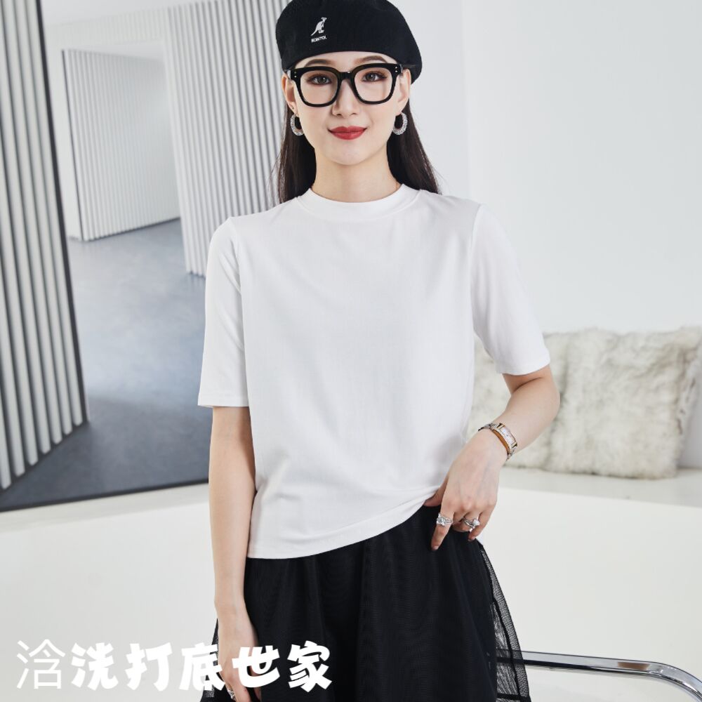【三言优选】高品质弹力棉五分袖立领纯色基础款显瘦打底衫T恤8021