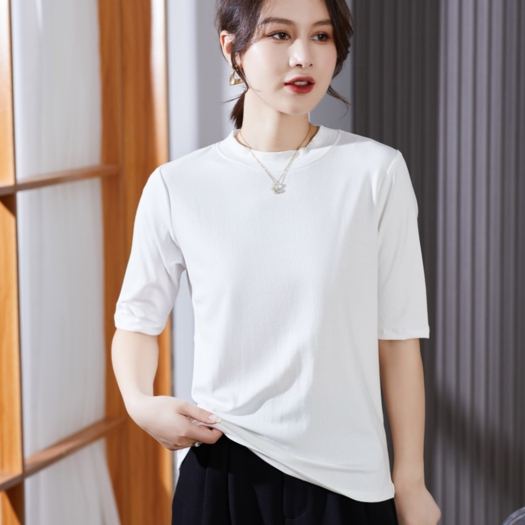 2023精品长袖中袖弹力棉立领纯色基础款休闲女上衣T恤时尚简约