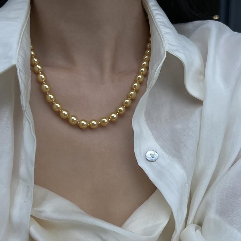 合金项链 金色仿珍珠法式打结项链小众轻奢高级感气质颈链毛衣链