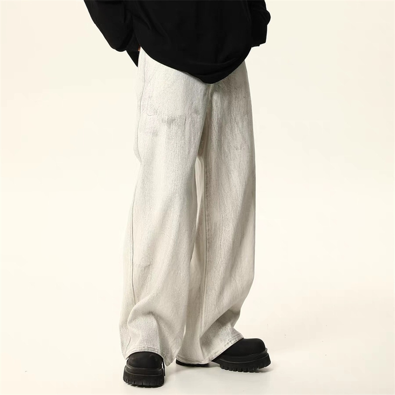 国潮水洗做旧垂感牛仔裤男女复古设计感宽松秋冬长裤子潮