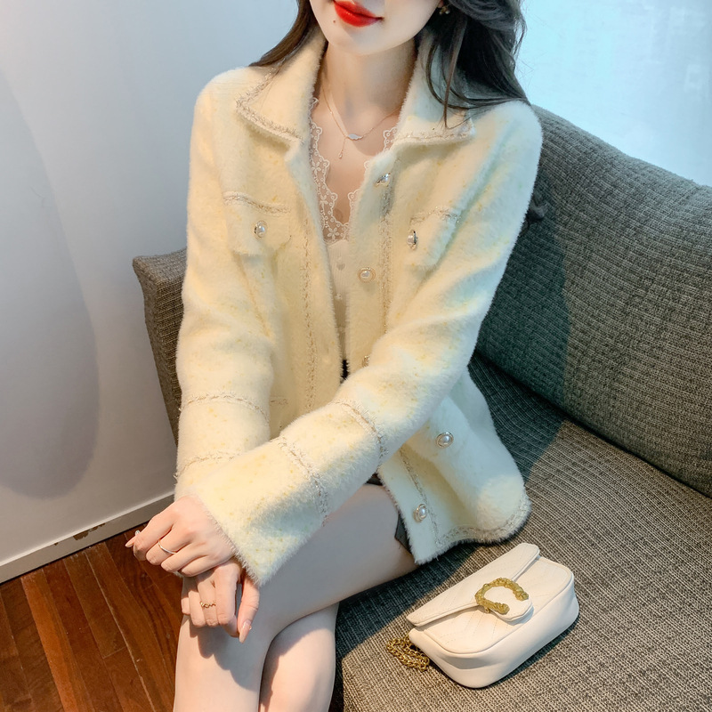 2023秋冬新款小香风外套女重工亮片气质法式名媛仿水貂绒上衣