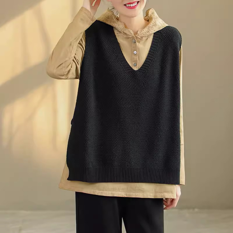 大码女装胖mm宽松遮肉开叉针织衫马甲女秋季新款马夹无袖毛衣背心