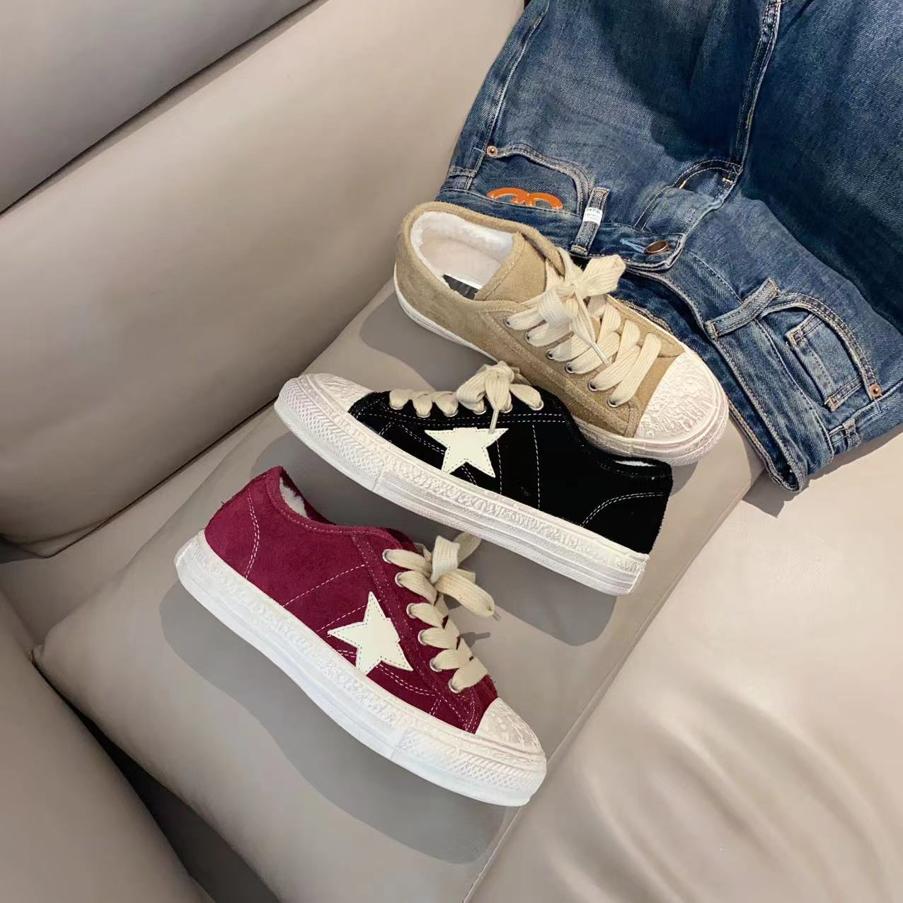 【欧货】 2023冬季新款百搭加绒加厚平底星星鞋拼色休闲板鞋 655-2