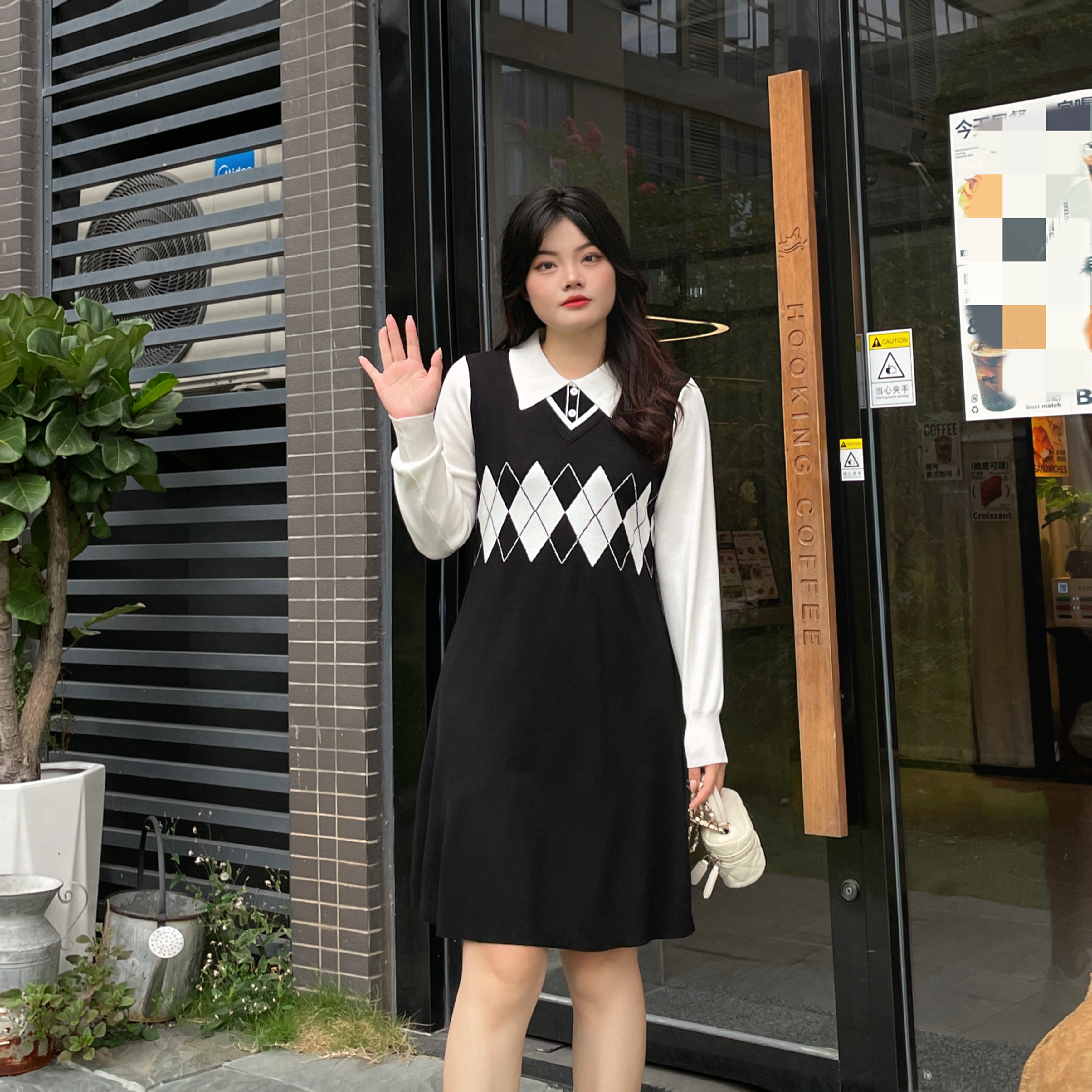 【青青推荐】大码女装春秋季裙子假两件针织拼接翻领收腰气质连衣裙