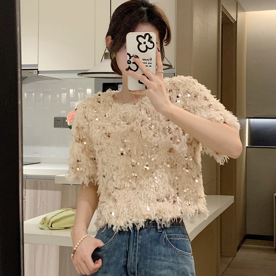 小众不撞款轻奢炸街亮片上衣女短袖t恤内搭打底今年流行漂亮短款
