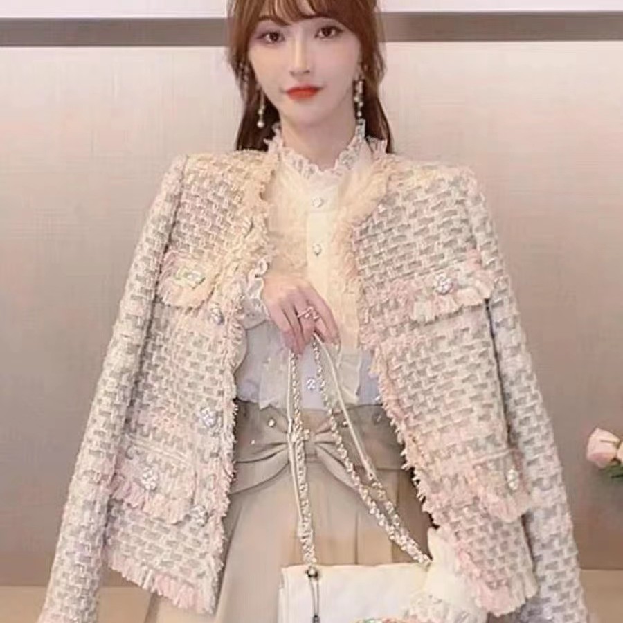 小个子外套女2023春新款法式高级感小香风短款彩色流苏花边上衣女