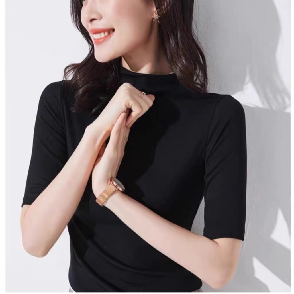莫代尔中袖打底衫女半高领修身内搭2023新款五分袖百搭洋气上衣潮
