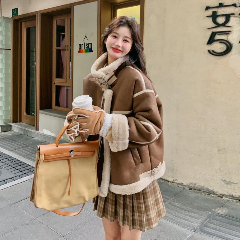 咖色皮毛一体羊羔毛外套女223冬季今年流行小个子加厚机车服棉衣