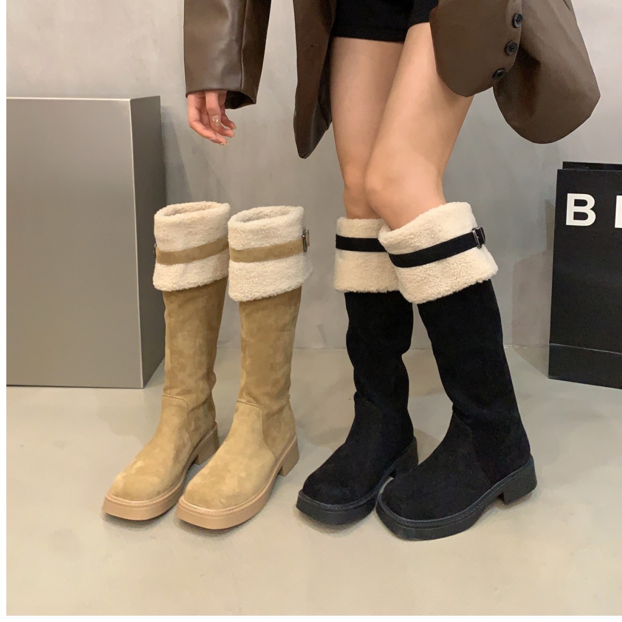 过膝长靴女2023秋季新款百搭西部牛仔长筒靴粗跟高筒骑士长靴棉靴