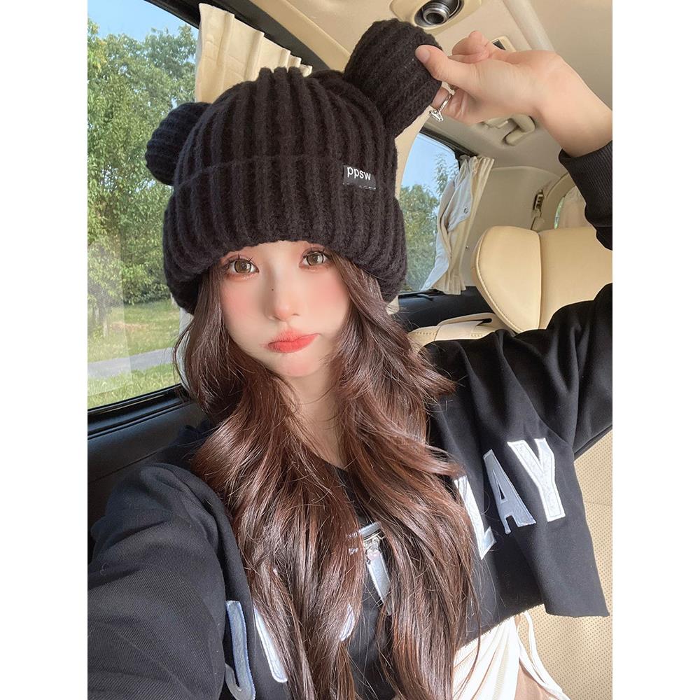 猫耳朵针织帽女秋冬保暖加厚护耳冬款可爱显脸小ins学生毛线帽子