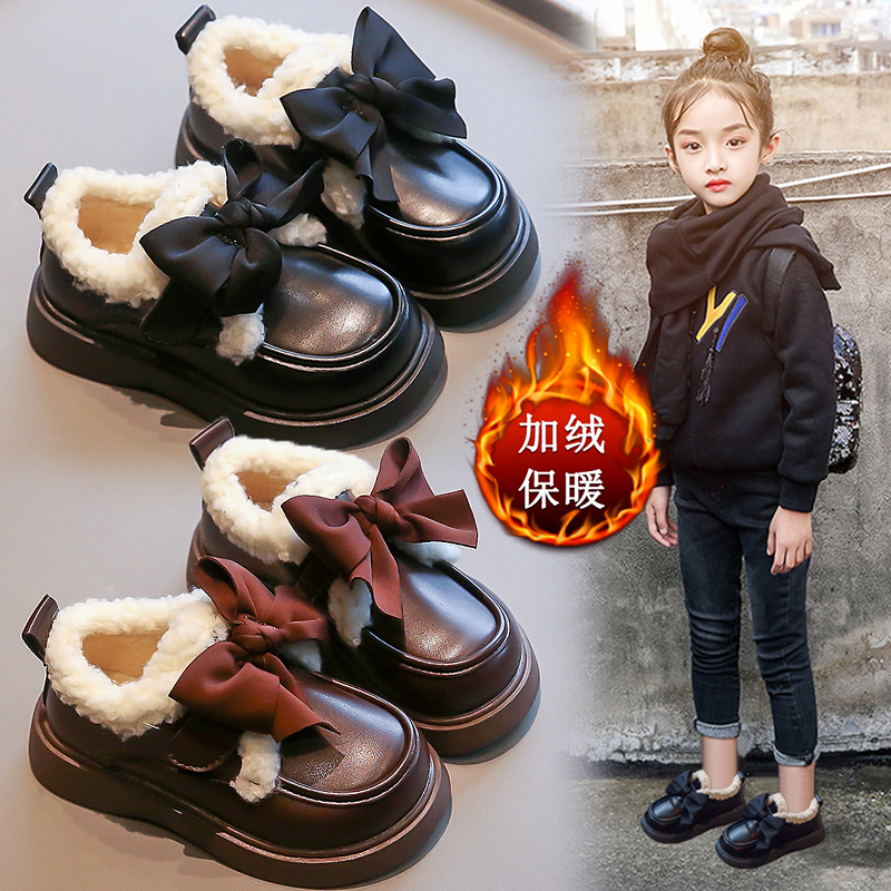 朵美巴拉巴拉宝宝女童加绒小皮鞋蝴蝶结2023秋冬新款保暖公主鞋hh