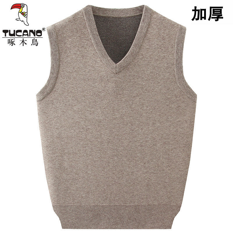 啄木鸟冬季加厚保暖中年男士V领羊毛背心 宽松毛衣马甲无袖坎肩