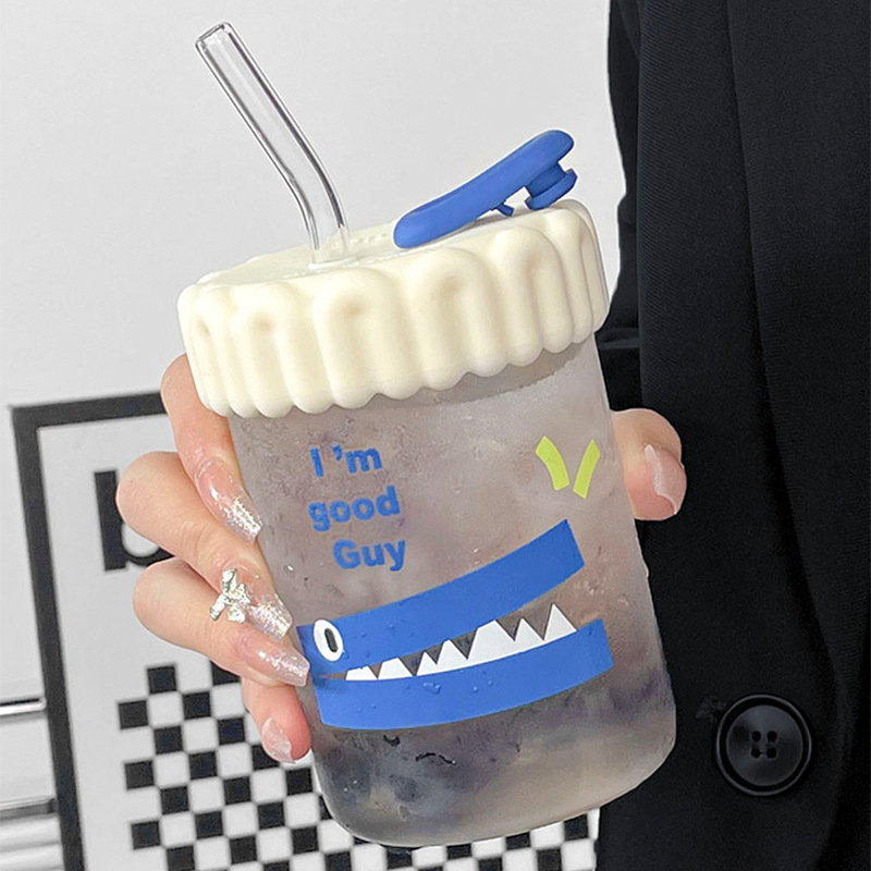 曲映媄高颜值玻璃杯家用女生水杯简约带吸管咖啡杯随行杯子双饮杯