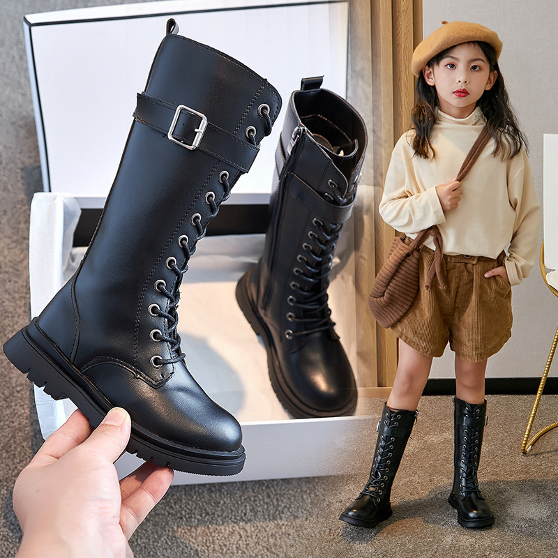 2023秋冬季新款高筒马丁靴时尚高筒靴加绒加厚小女孩英伦风靴子