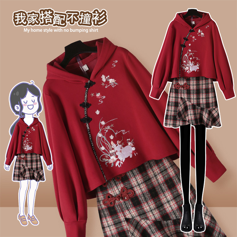 女童汉元素秋冬加绒套装儿童中国风拜年服现代改良卫衣短裙两件套