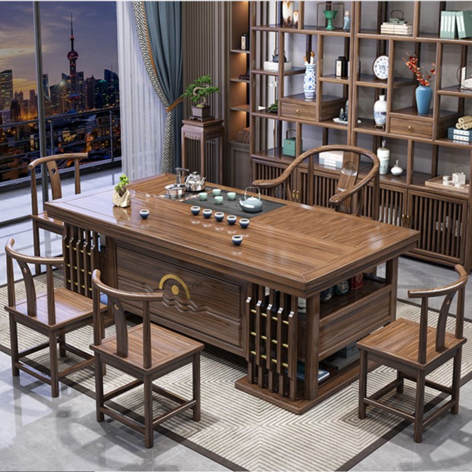 新中式茶桌椅组合办公室实木茶台茶具套装一体家用一桌五椅喝茶桌