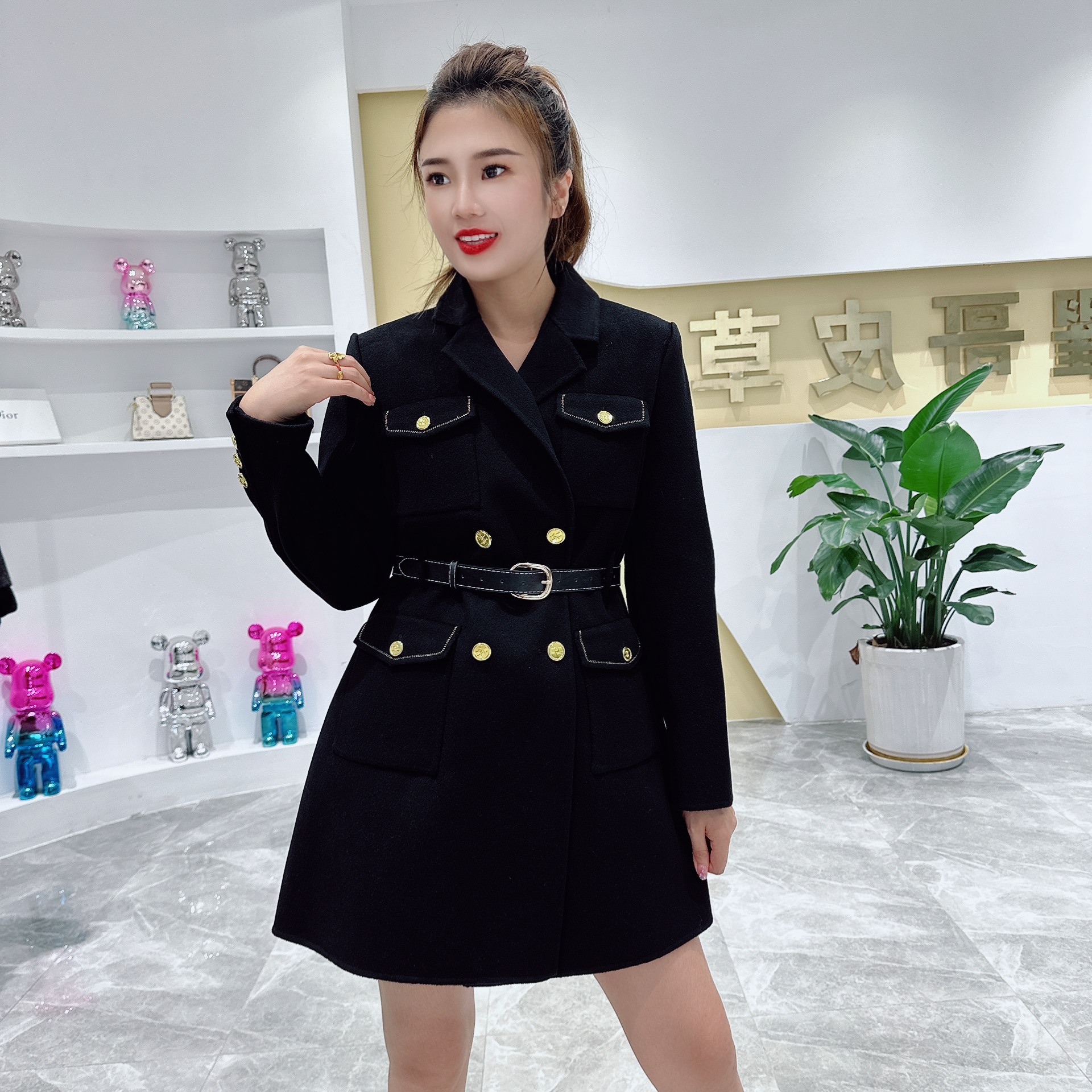 黑色双排扣百搭翻领毛呢气质秋季设计师时尚显瘦网红秋冬羊绒外套