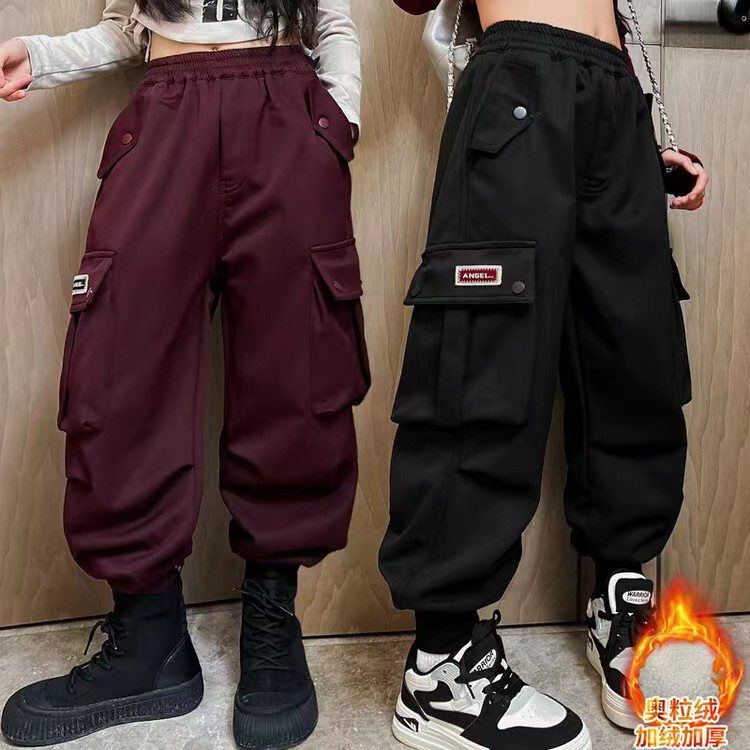 女童一体绒裤子2023秋冬新款加绒加厚女孩保暖冬装洋气百搭工装裤