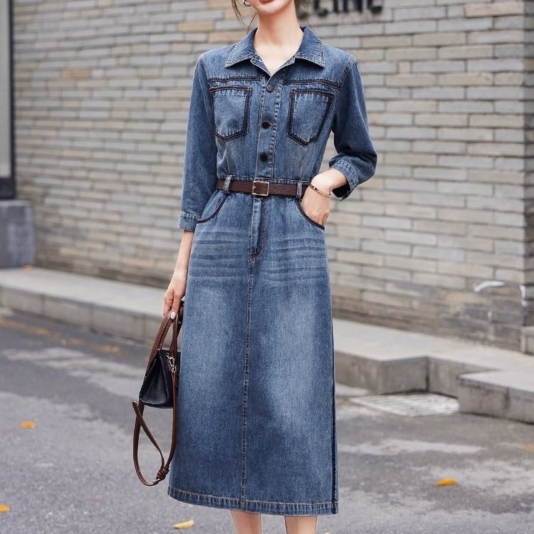 牛仔裙复古休闲时尚连衣裙女感2023年春季新款收腰衬衫裙气质裙子