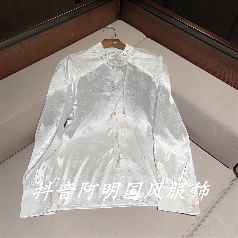 『落樱』阿明新中式国风2024年新款秋季刺绣提花上衣宽松长袖衬衣女
