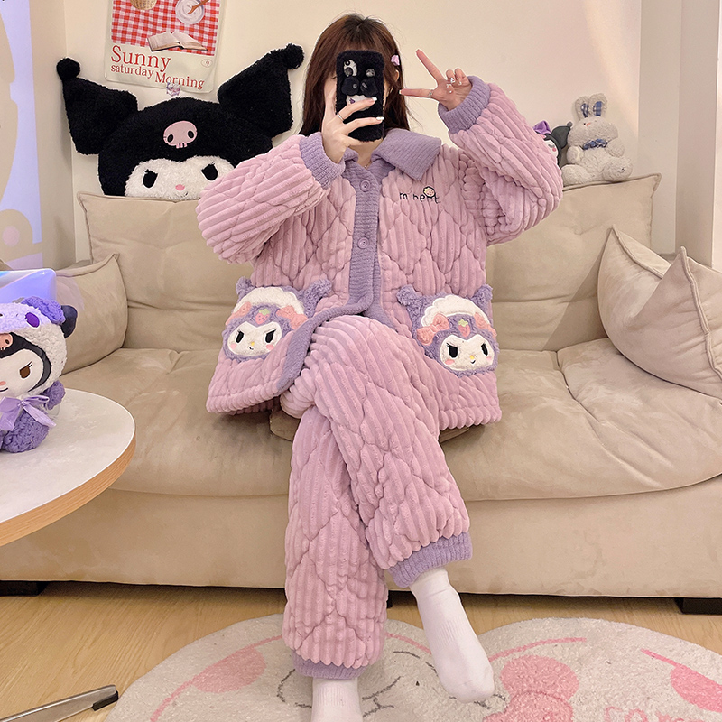 睡衣女冬三层加厚加绒夹棉家居服睡袍可外穿女款2023新款保暖套装
