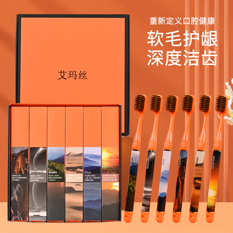 【礼盒6支装】细丝软毛牙刷高档手柄洁净小头牙刷轻奢家用便携牙刷