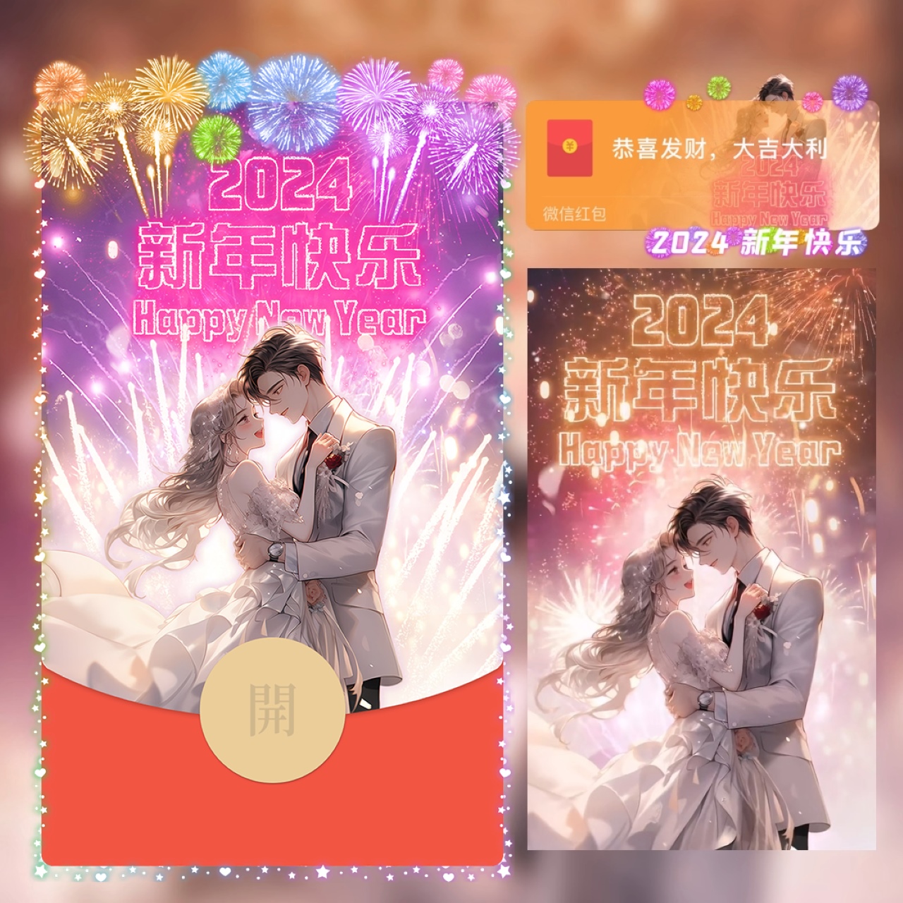 2024新年快乐红包封面龙年浪漫烟花设计服务祝福动态音乐特效仪式
