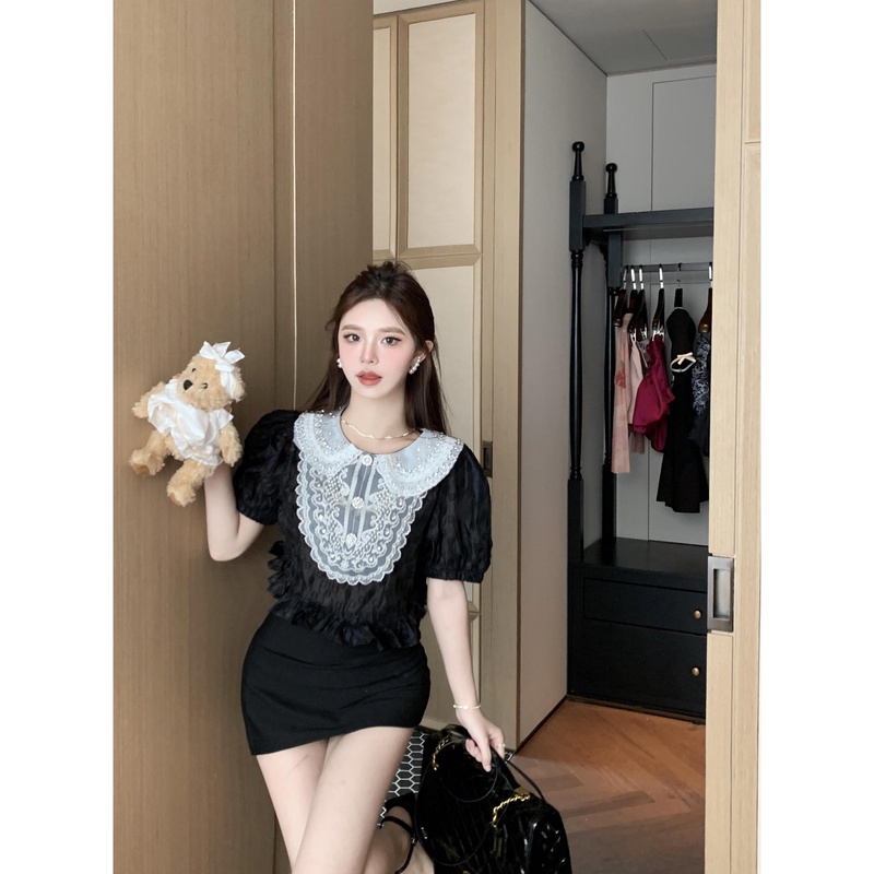 法式设计感高端镶钻刺绣娃娃领衬衫女生夏季新款轻奢小众短款上衣