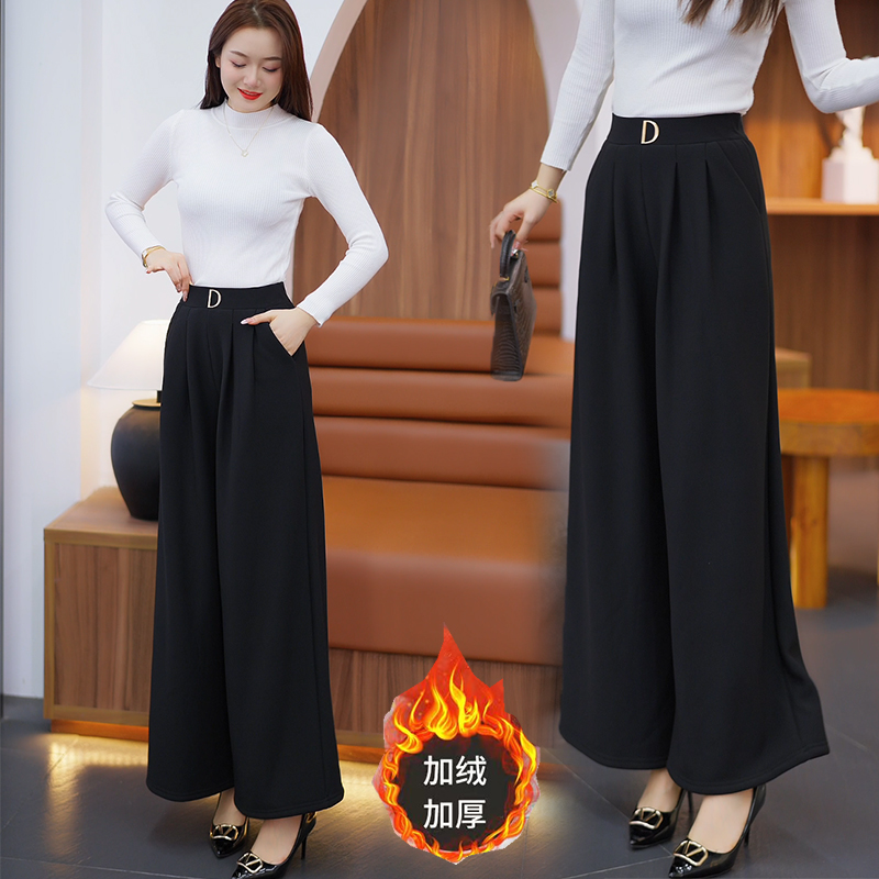 加绒加厚阔腿裤裙女士秋冬新款中老年宽松保暖百搭小个子休闲长裤