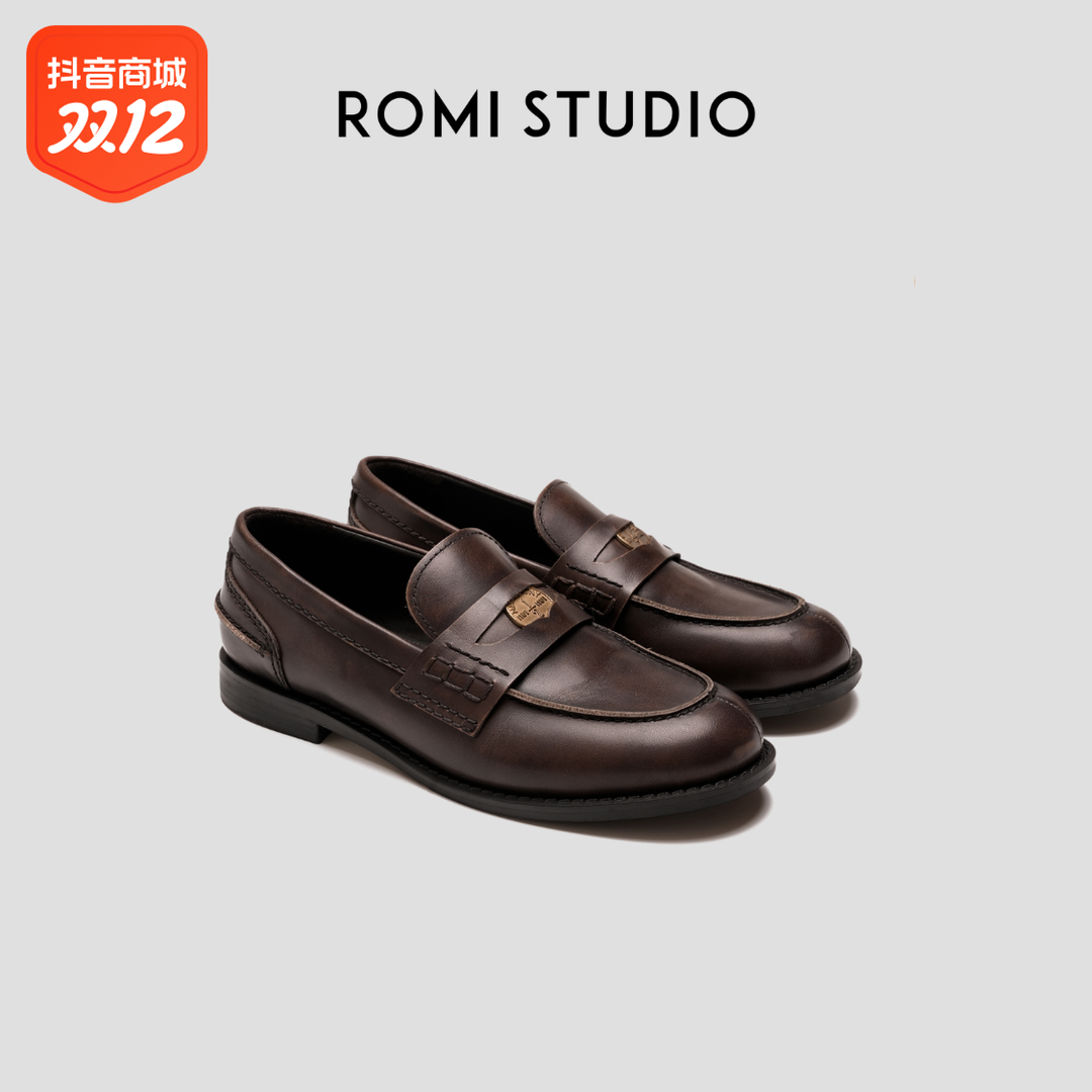ROMI STUDIO“法式复古”简约金币软底一脚蹬乐福鞋皮鞋23AWS009