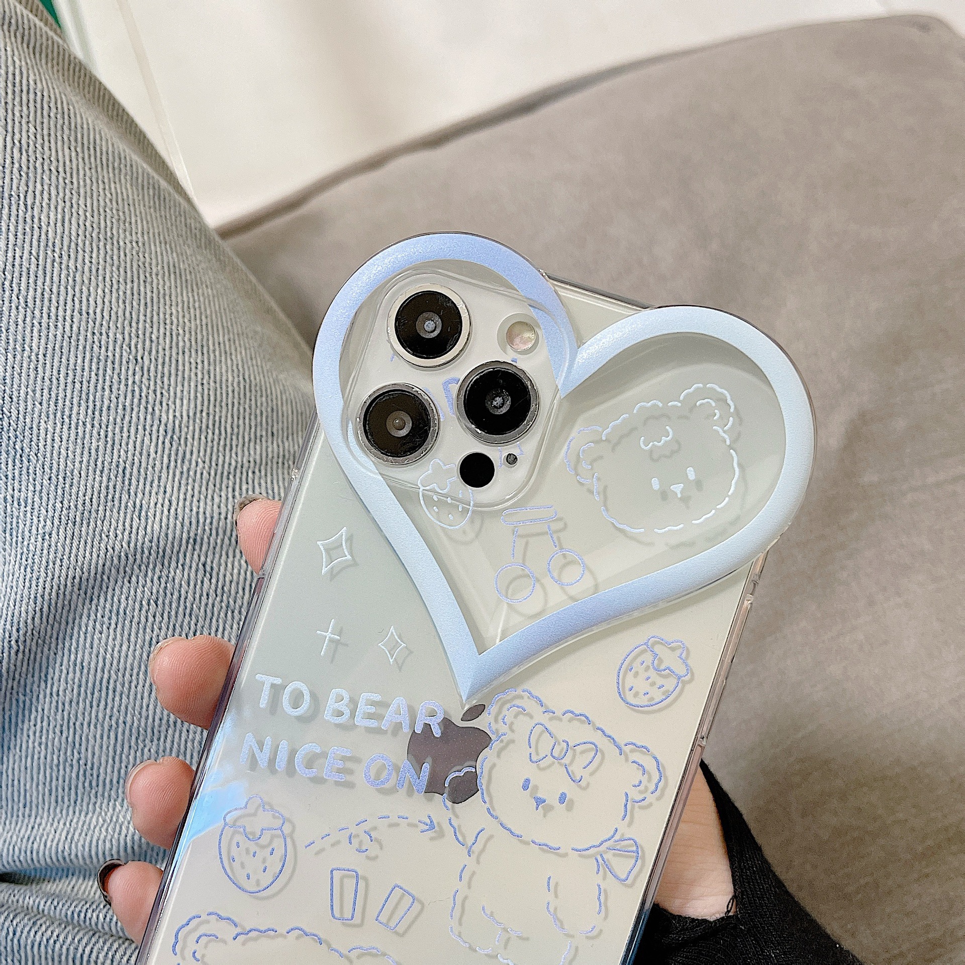【苹果】ins透蓝爱心熊iphone14创意网红奇趣全包防摔手机壳硅胶
