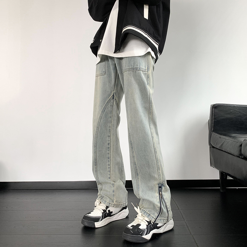 LKTION美潮复古休闲直筒显瘦显腿长高街脚口拉链重工牛仔裤百搭潮