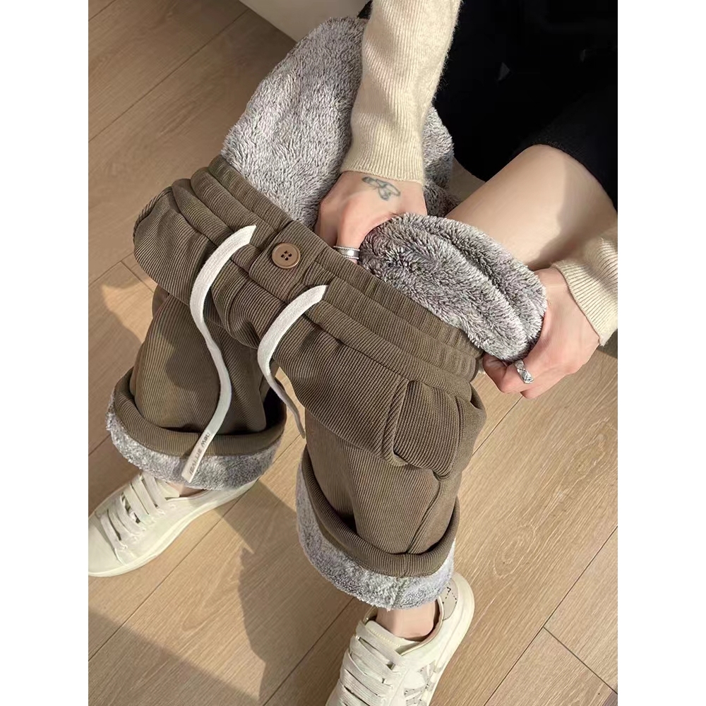 8327款-冬季新款一粒扣抽绳女士时尚加绒保暖休闲裤