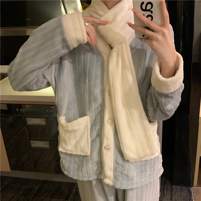 爆款氛围感舒适珊瑚绒睡衣女士秋冬加厚加绒网红爆款法兰绒家居服